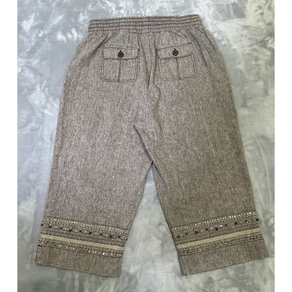 Capagallo Cropped Linen/Cotton Wide Leg Pants Women's Large  Boho Beaded Sequins - Picture 7 of 8